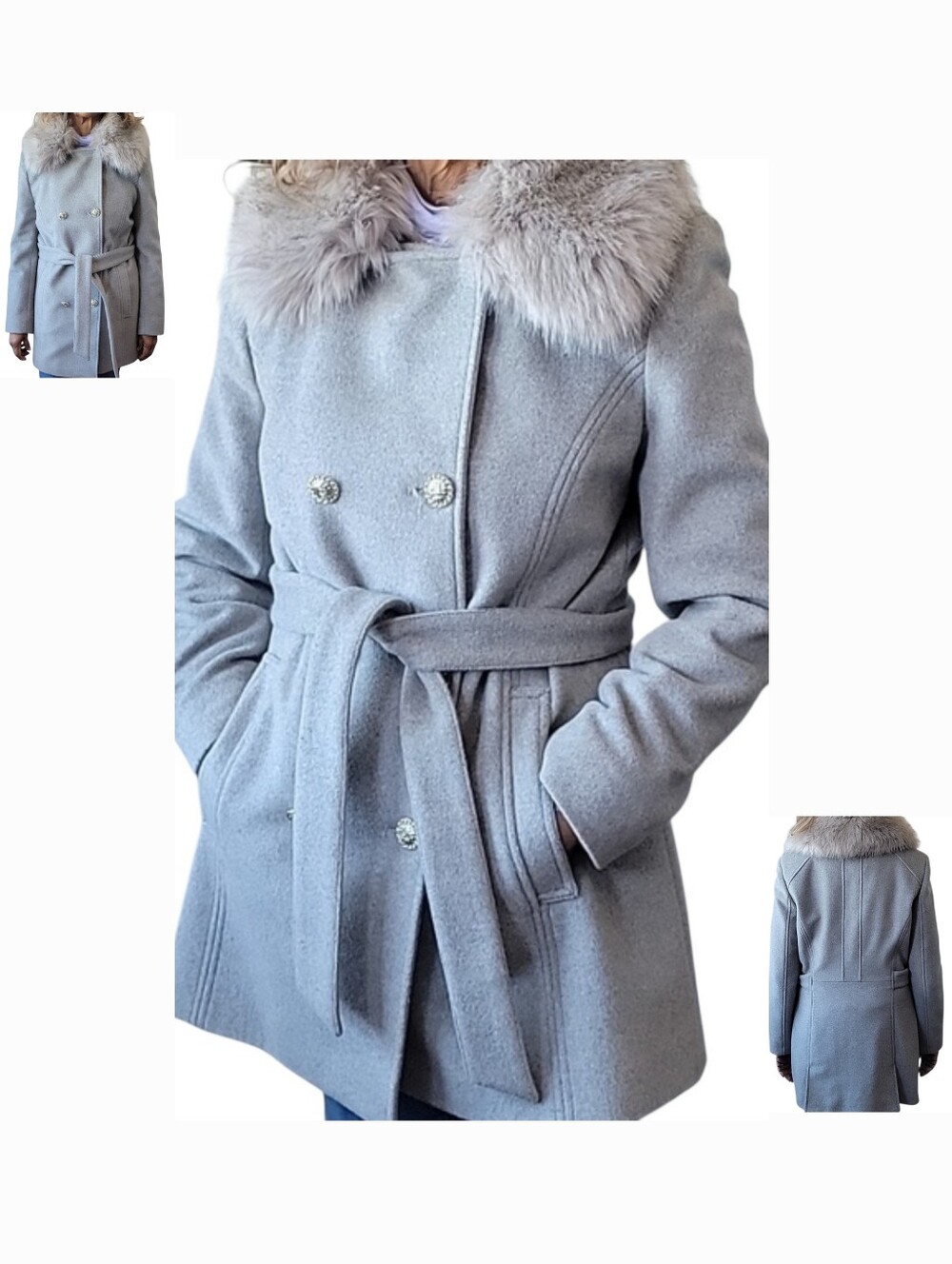 Karl Lagerfeld- Women's Gray Wool Blend Belted Coat with Fur Collar